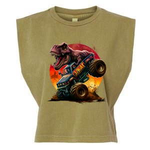 T Rex In Monster Truck With Sunset Garment-Dyed Women's Muscle Tee