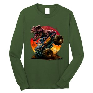 T Rex In Monster Truck With Sunset Long Sleeve Shirt