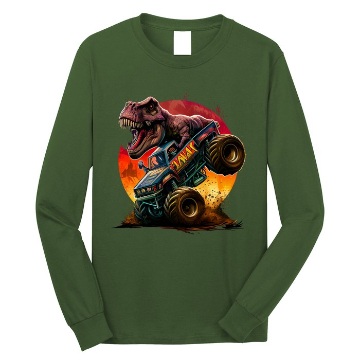 T Rex In Monster Truck With Sunset Long Sleeve Shirt