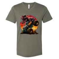 T Rex In Monster Truck With Sunset V-Neck T-Shirt