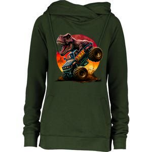 T Rex In Monster Truck With Sunset Womens Funnel Neck Pullover Hood