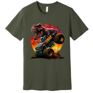 T Rex In Monster Truck With Sunset Premium T-Shirt