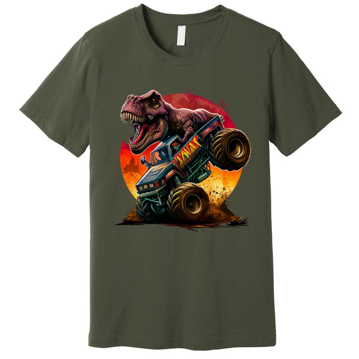 T Rex In Monster Truck With Sunset Premium T-Shirt