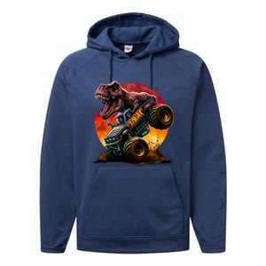 T Rex In Monster Truck With Sunset Performance Fleece Hoodie