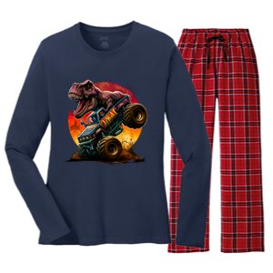 T Rex In Monster Truck With Sunset Women's Long Sleeve Flannel Pajama Set 