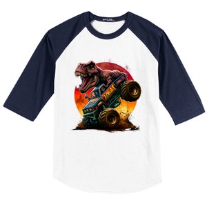 T Rex In Monster Truck With Sunset Baseball Sleeve Shirt