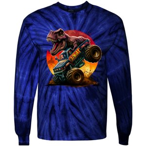 T Rex In Monster Truck With Sunset Tie-Dye Long Sleeve Shirt