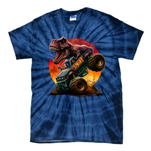 T Rex In Monster Truck With Sunset Tie-Dye T-Shirt