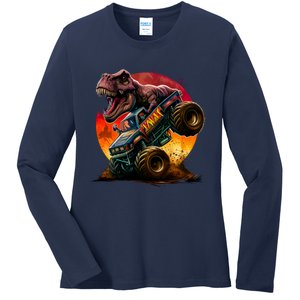 T Rex In Monster Truck With Sunset Ladies Long Sleeve Shirt