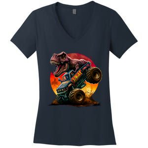 T Rex In Monster Truck With Sunset Women's V-Neck T-Shirt