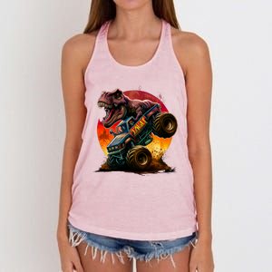 T Rex In Monster Truck With Sunset Women's Knotted Racerback Tank