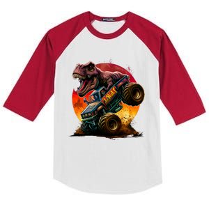 T Rex In Monster Truck With Sunset Kids Colorblock Raglan Jersey