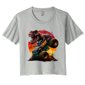 T Rex In Monster Truck With Sunset Women's Crop Top Tee