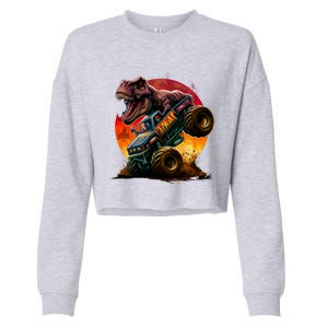 T Rex In Monster Truck With Sunset Cropped Pullover Crew