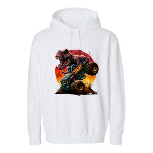 T Rex In Monster Truck With Sunset Garment-Dyed Fleece Hoodie