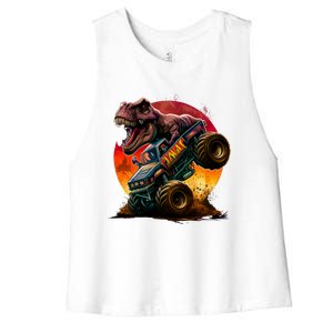 T Rex In Monster Truck With Sunset Women's Racerback Cropped Tank