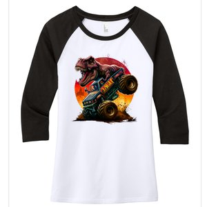 T Rex In Monster Truck With Sunset Women's Tri-Blend 3/4-Sleeve Raglan Shirt