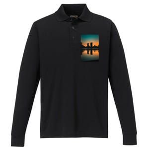 Towers Reflecting In The Pond Premium Performance Long Sleeve Polo