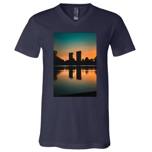 Towers Reflecting In The Pond Premium V-Neck T-Shirt