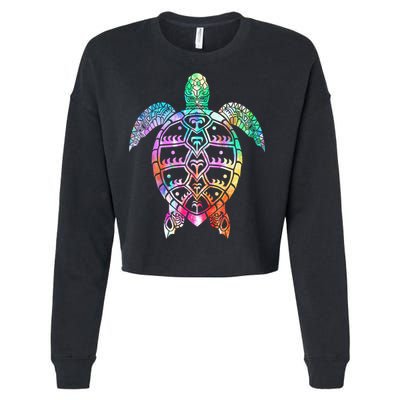 Tribal Colorful Turtle Cropped Pullover Crew