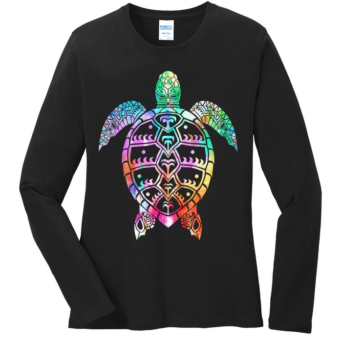Tribal Colorful Turtle Ladies Long Sleeve Shirt