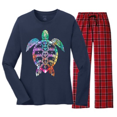 Tribal Colorful Turtle Women's Long Sleeve Flannel Pajama Set 