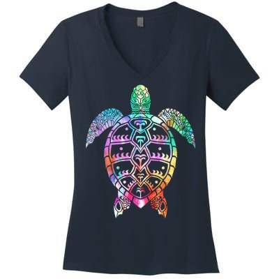 Tribal Colorful Turtle Women's V-Neck T-Shirt