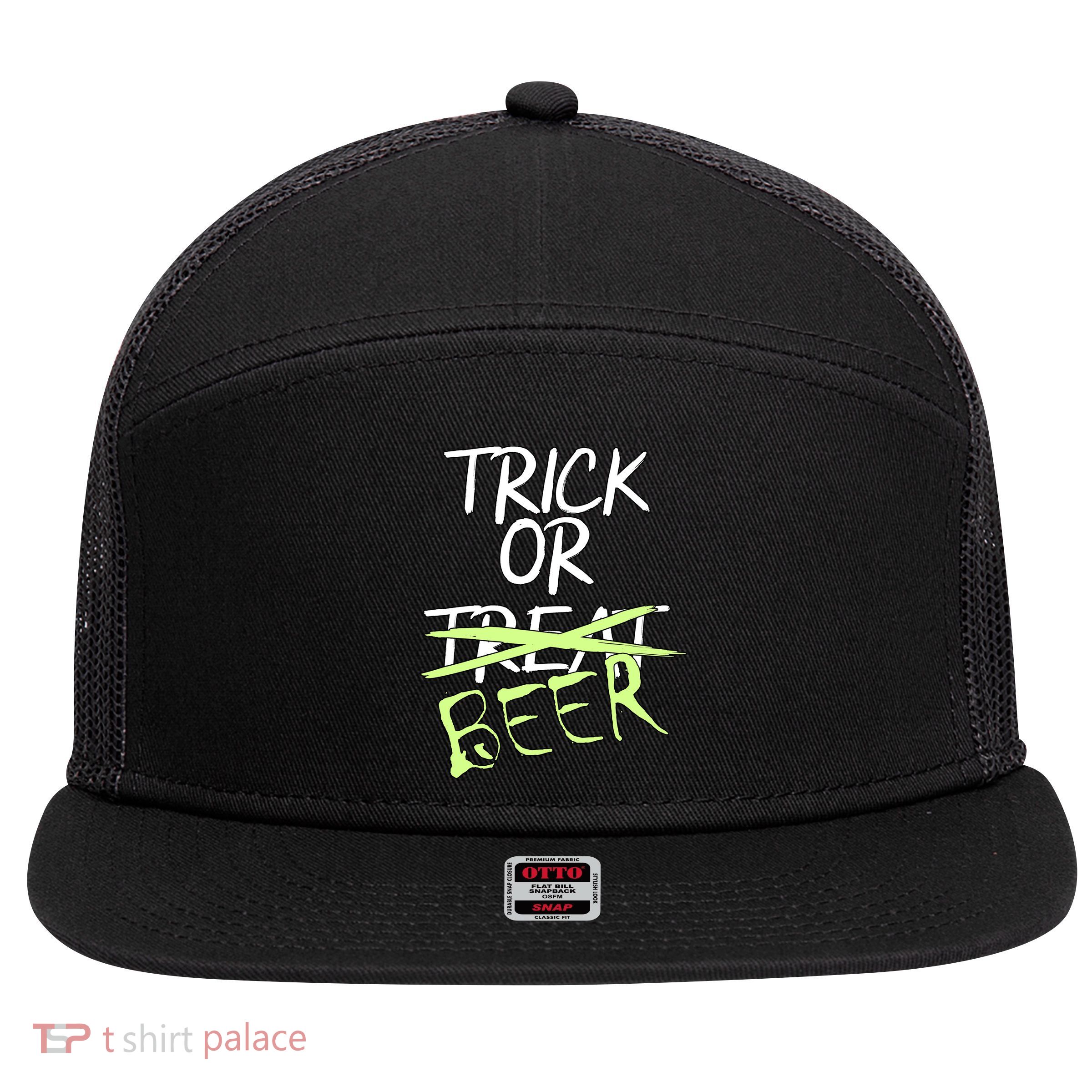 Trick or Beer Funny Halloween Party 7 Panel Mesh Trucker Snapback Hat