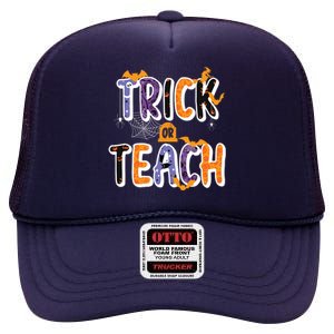 Trick Or Teach Funny Cute Halloween High Crown Mesh Back Trucker Hat