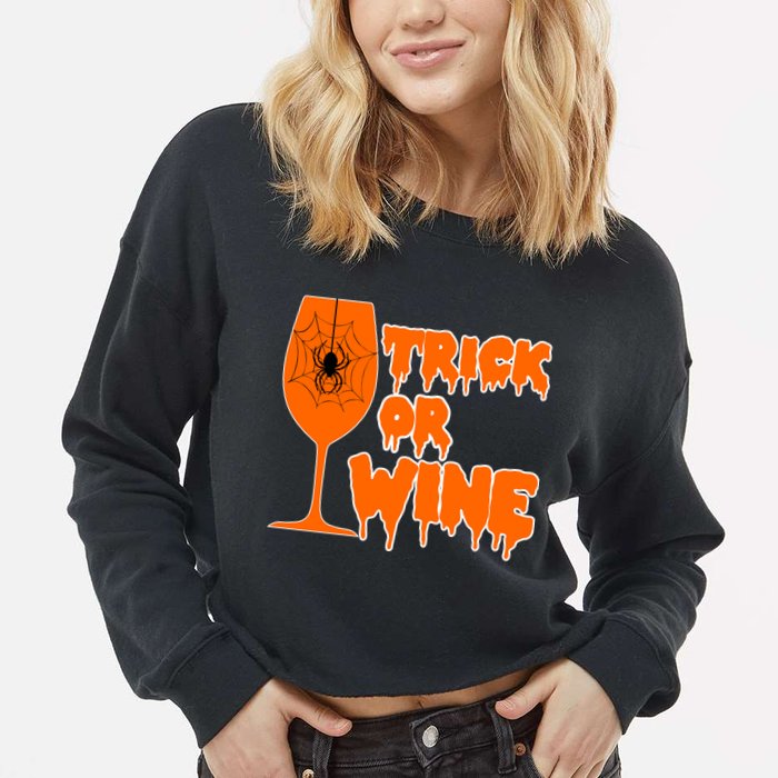 Trick or Wine Halloween Spider Web Cropped Pullover Crew