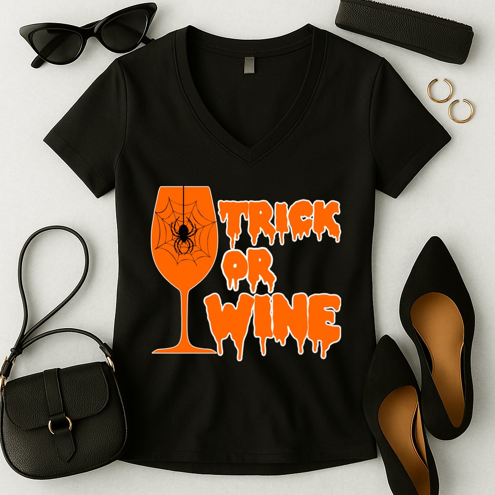 Trick or Wine Halloween Spider Web Women's V-Neck T-Shirt