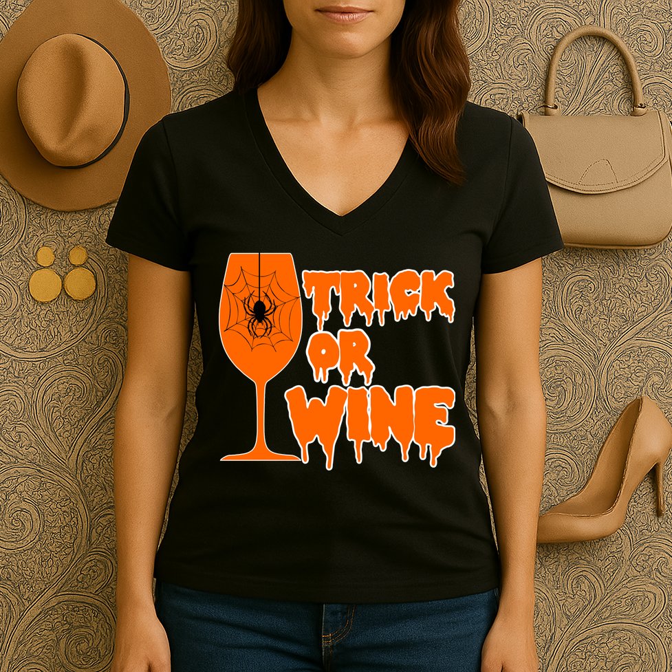 Trick or Wine Halloween Spider Web Women's V-Neck T-Shirt