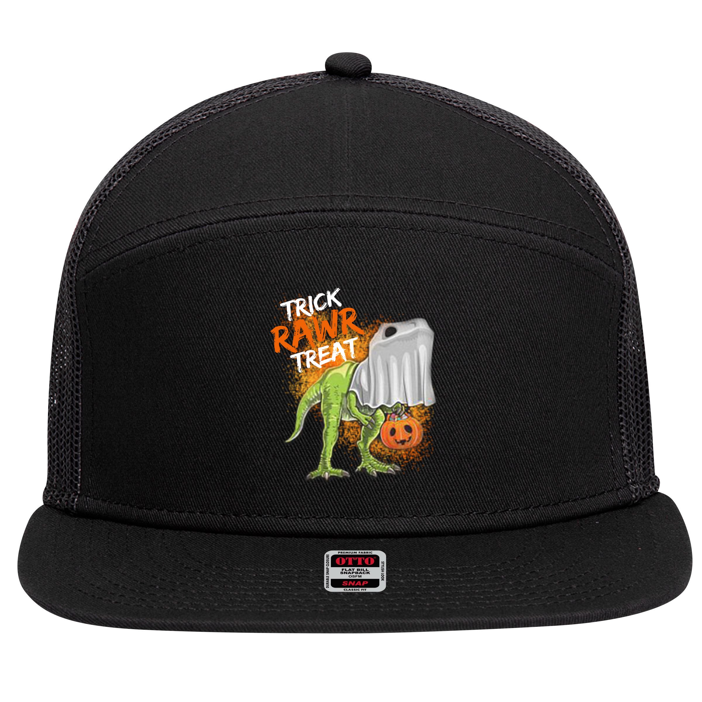 Trick Rawr Treat Halloween T Rex Dinosaur 7 Panel Mesh Trucker Snapback Hat