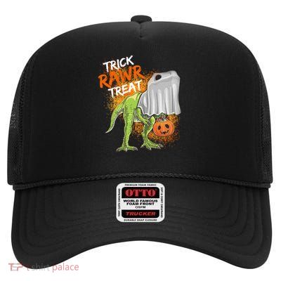 Trick Rawr Treat Halloween T Rex Dinosaur High Crown Mesh Back Trucker Hat