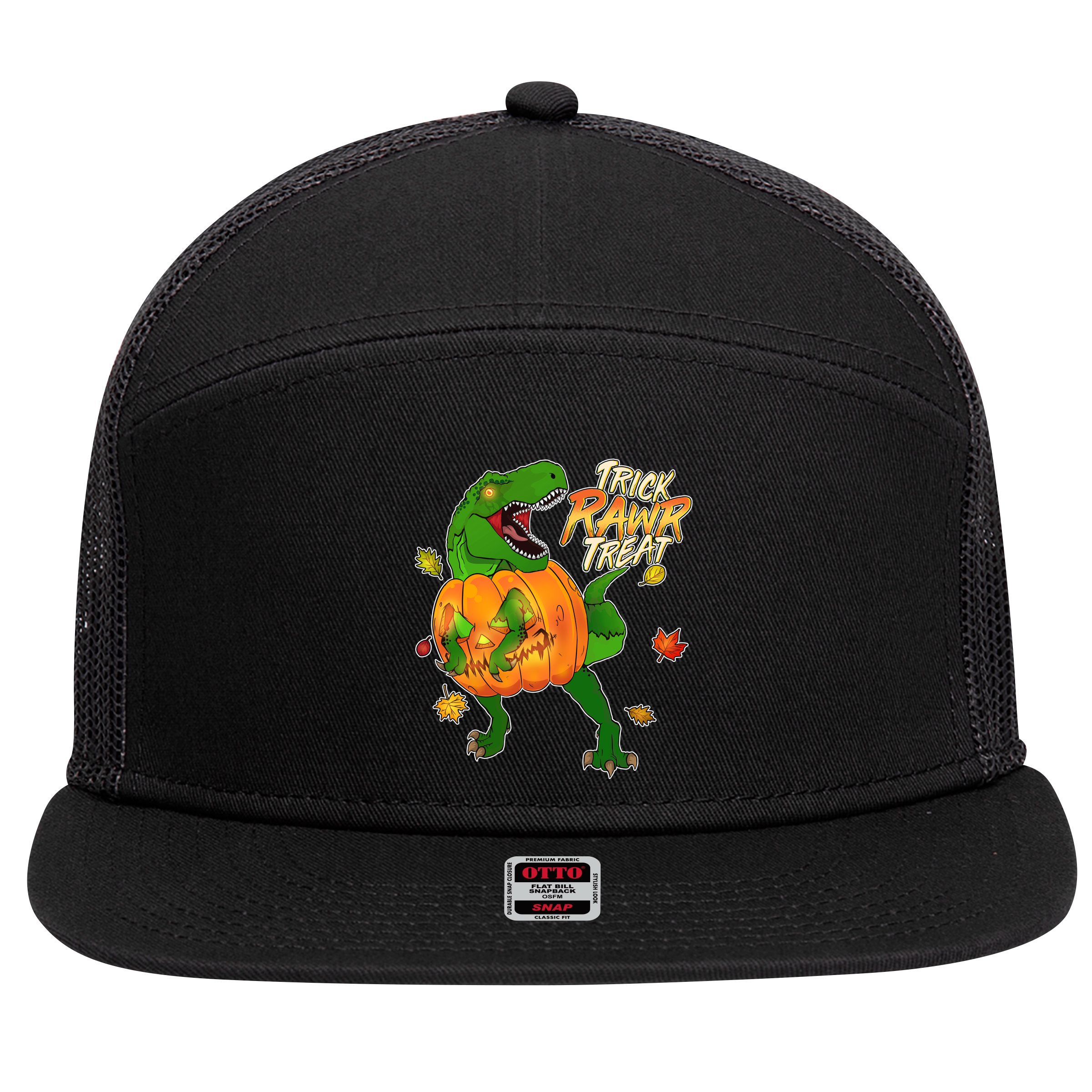 Trick RAWR Treat T-Rex Funny Halloween 7 Panel Mesh Trucker Snapback Hat
