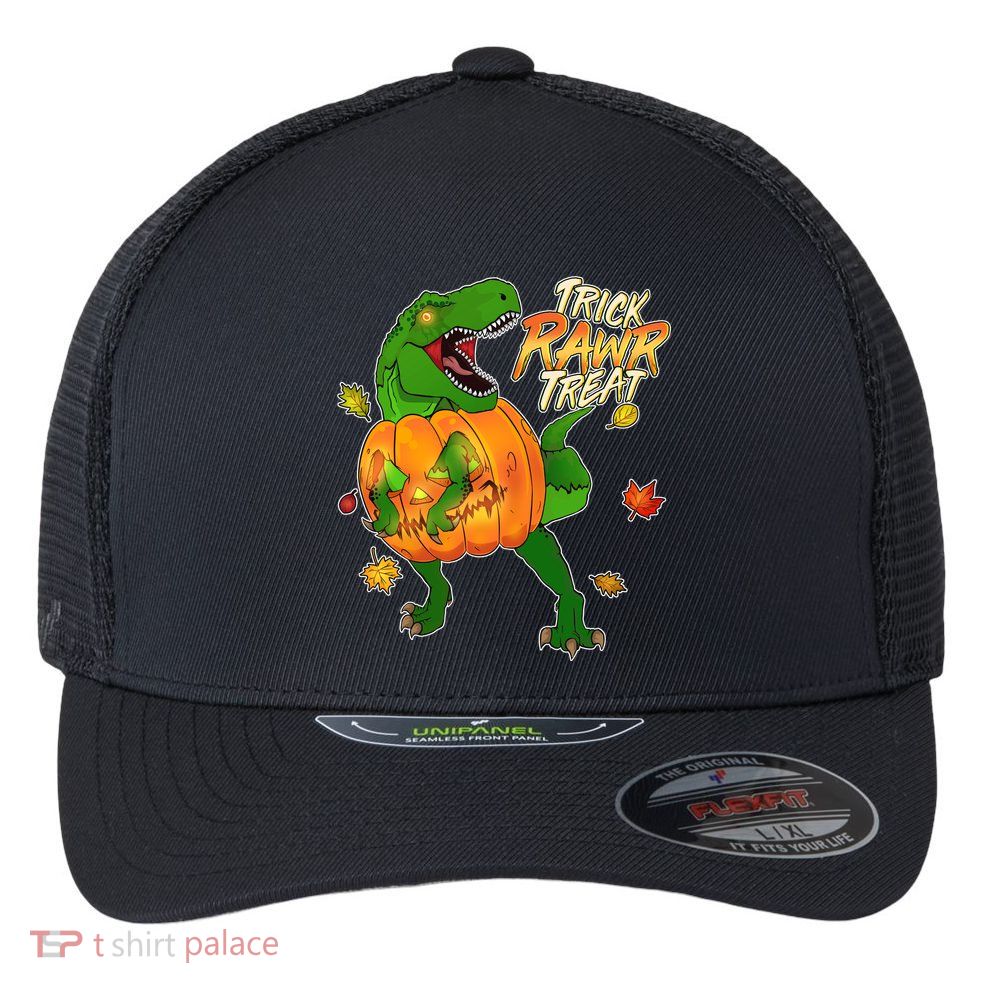 Trick RAWR Treat T-Rex Funny Halloween Flexfit Unipanel Trucker Cap