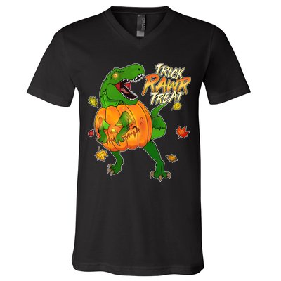 Trick RAWR Treat T-Rex Funny Halloween V-Neck T-Shirt