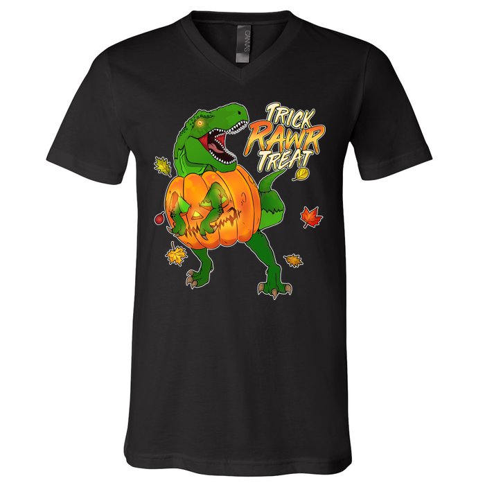 Trick RAWR Treat T-Rex Funny Halloween V-Neck T-Shirt