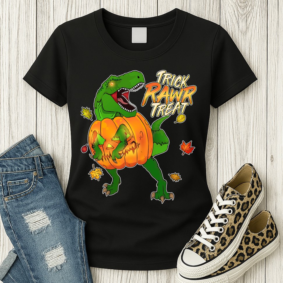 Trick RAWR Treat T-Rex Funny Halloween Womens T-Shirt