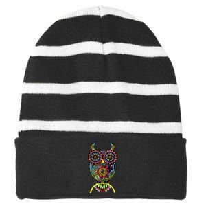 Trippy Big Eyed Owl Striped Beanie with Solid Band