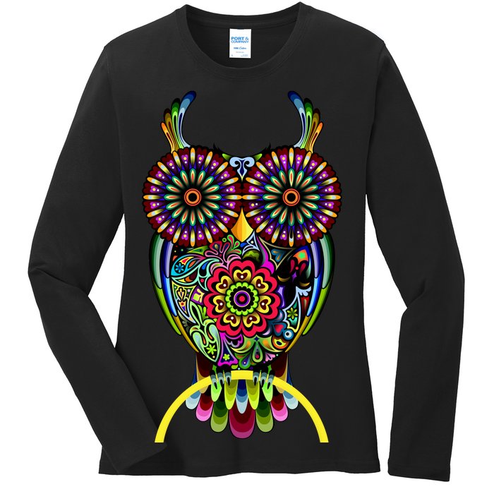 Trippy Big Eyed Owl Ladies Long Sleeve Shirt