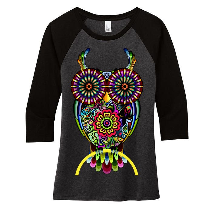 Trippy Big Eyed Owl Women's Tri-Blend 3/4-Sleeve Raglan Shirt