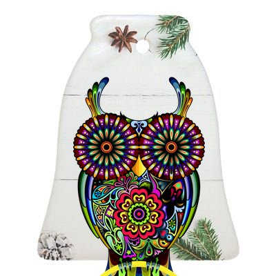 Trippy Big Eyed Owl Ceramic Bell Ornament