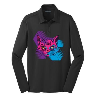 Trippy Cat Face Silk Touch Performance Long Sleeve Polo