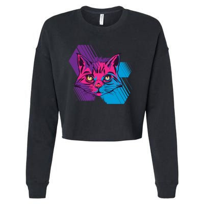 Trippy Cat Face Cropped Pullover Crew