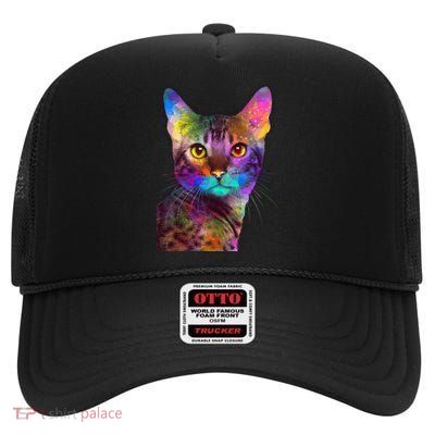 Trippy Colorful Cat High Crown Mesh Back Trucker Hat