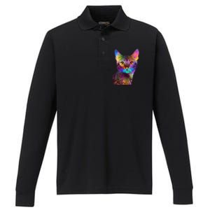 Trippy Colorful Cat Performance Long Sleeve Polo