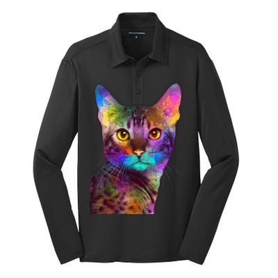 Trippy Colorful Cat Silk Touch Performance Long Sleeve Polo