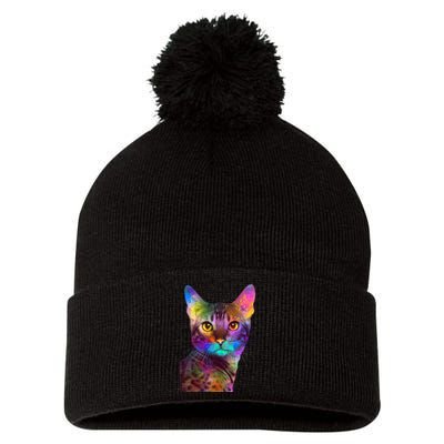 Trippy Colorful Cat Pom Pom 12in Knit Beanie