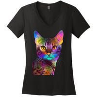 Trippy Colorful Cat Women's V-Neck T-Shirt